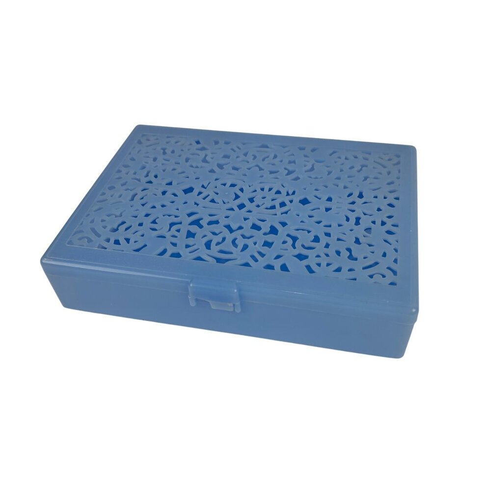 Vintage 60s Plastic Storage Box Baby Blue Cutwork Top Vanity Jewelry Trinkets - Picture 10 of 10